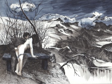Disegno intitolato "La montagne" da Rajahfoo, Opera d'arte originale, Acquarello