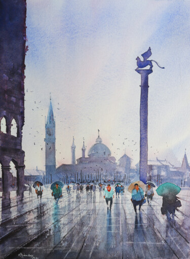 Pittura intitolato "Venice After Rain -…" da Rajan Dey, Opera d'arte originale, Acquarello