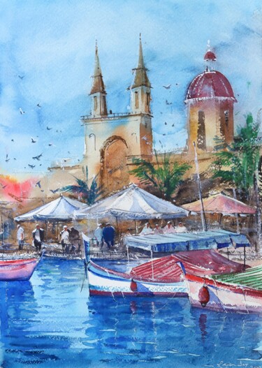 Painting titled "Malta on a day" by Rajan Dey, Original Artwork, Watercolor