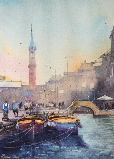 Painting titled "Venice In The Morni…" by Rajan Dey, Original Artwork, Watercolor