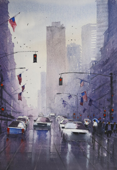 Painting titled "New York_On A Rainy…" by Rajan Dey, Original Artwork, Watercolor