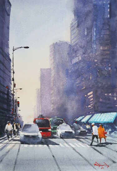 Painting titled "New York_2022_02" by Rajan Dey, Original Artwork, Watercolor
