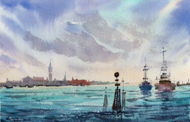 Painting titled "Venice from water_02" by Rajan Dey, Original Artwork, Watercolor