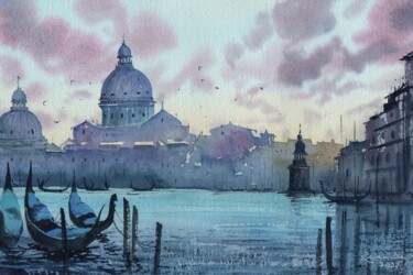 Painting titled "Breezy sunset-Venice" by Rajan Dey, Original Artwork, Watercolor