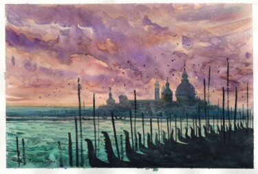 Painting titled "Venice from boat at…" by Rajan Dey, Original Artwork, Watercolor