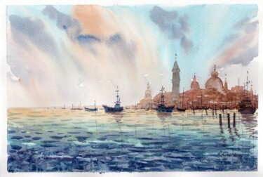 Painting titled "Venice From Water 04" by Rajan Dey, Original Artwork, Watercolor