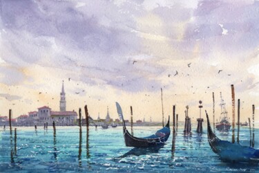 Painting titled "Venice from water_03" by Rajan Dey, Original Artwork, Watercolor