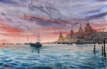 Painting titled "Venice time to go h…" by Rajan Dey, Original Artwork, Watercolor