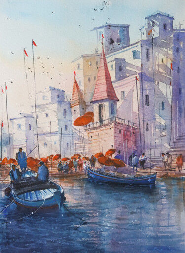 Painting titled "Varanasi_2022-01" by Rajan Dey, Original Artwork, Watercolor