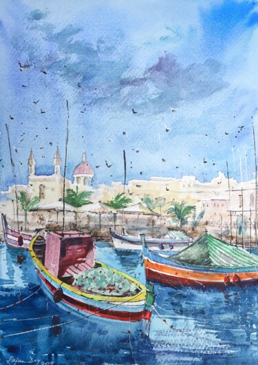 Painting titled "2_Malta Sea front" by Rajan Dey, Original Artwork, Watercolor