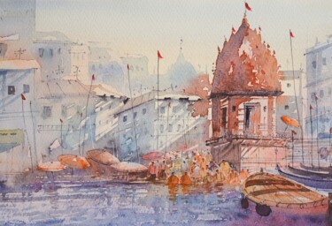 Schilderij getiteld "Varanasi in the mor…" door Rajan Dey, Origineel Kunstwerk, Aquarel