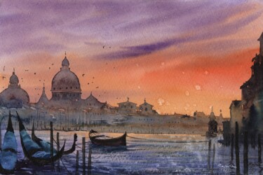 Painting titled "Glowing Sunset-Veni…" by Rajan Dey, Original Artwork, Watercolor