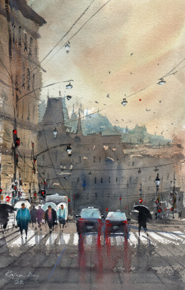 Painting titled "Paris Cityscape On…" by Rajan Dey, Original Artwork, Watercolor
