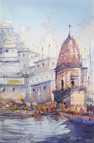 Peinture intitulée "Varanasi on a morni…" par Rajan Dey, Œuvre d'art originale, Aquarelle