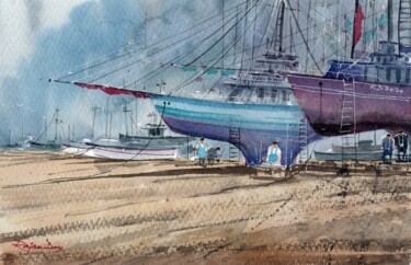 Painting titled "Boat Series Special…" by Rajan Dey, Original Artwork, Watercolor