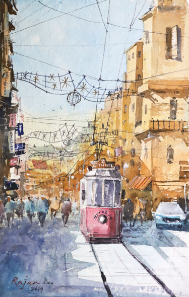 Malerei mit dem Titel "Istanbul Tram" von Rajan Dey, Original-Kunstwerk, Aquarell
