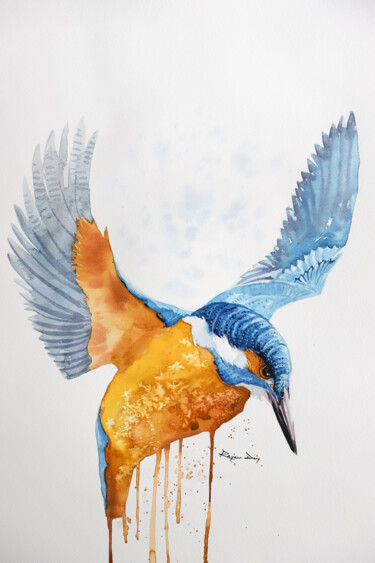 Ζωγραφική με τίτλο "Flying kingfisher" από Rajan Dey, Αυθεντικά έργα τέχνης, Ακουαρέλα