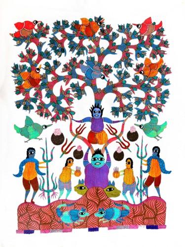 Painting titled "Gond Painting46" by Rajendra Dhurvey, Original Artwork, Acrylic