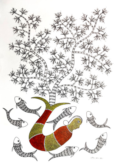 「Gond Painting3」というタイトルの絵画 Rajendra Kumar Shyamによって, オリジナルのアートワーク, アクリル