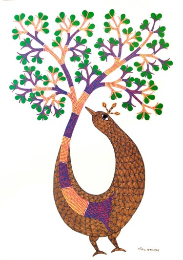 Картина под названием "Gond Painting17" - Rajendra Kumar Shyam, Подлинное произведение искусства, Акрил