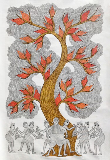 Schilderij getiteld "Tree Of Life 10" door Rajendra Kumar Shyam, Origineel Kunstwerk, Acryl