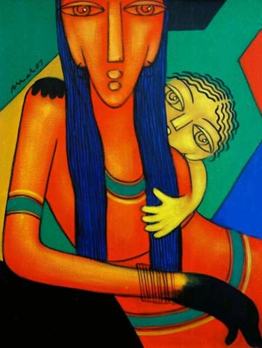 Painting titled "Mother & Child" by Rajesh Shah, Original Artwork