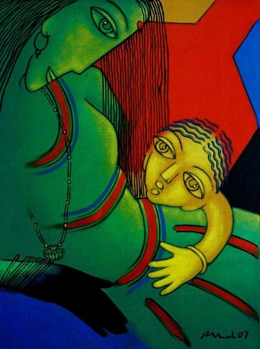 Painting titled "Mother & Child" by Rajesh Shah, Original Artwork, Oil