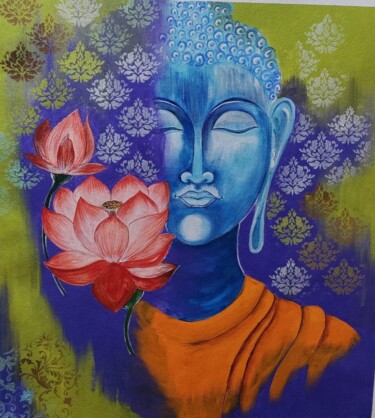 Schilderij getiteld "Lord Budha Artwork" door Raju Ganta, Origineel Kunstwerk, Acryl