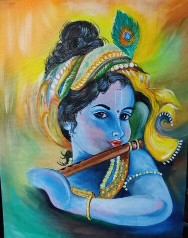 Schilderij getiteld "Bala Krishna" door Raju Ganta, Origineel Kunstwerk, Acryl Gemonteerd op Frame voor houten brancard