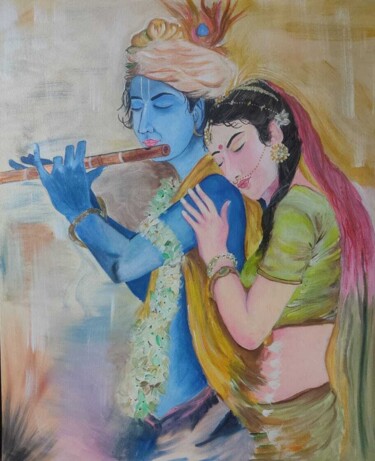Painting titled "Radha Krishna Artwo…" by Raju Ganta, Original Artwork, Acrylic Mounted on Wood Stretcher frame