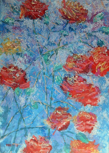 Painting titled "Fresh Roses" by Rakhmet Redzhepov, Original Artwork, Acrylic Mounted on Wood Stretcher frame