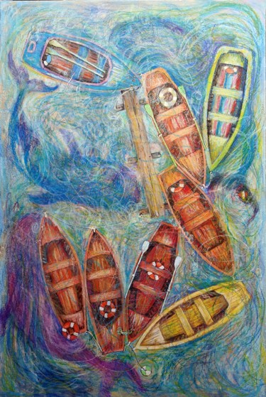 Painting titled "Boats in the Bay" by Rakhmet Redzhepov, Original Artwork, Acrylic Mounted on Wood Stretcher frame