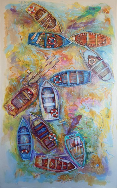 Malarstwo zatytułowany „Boats and Fish” autorstwa Rakhmet Redzhepov, Oryginalna praca, Akryl
