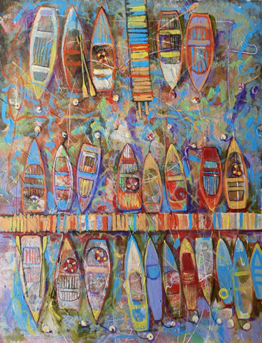 Pittura intitolato "Boats and sharks" da Rakhmet Redzhepov, Opera d'arte originale, Acrilico