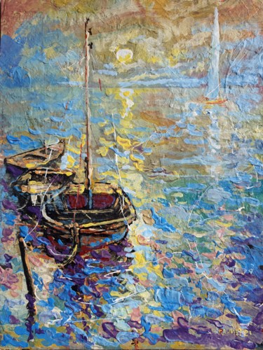 Malerei mit dem Titel "Boats in the Old Bay" von Rakhmet Redzhepov, Original-Kunstwerk, Öl
