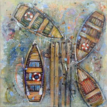 Painting titled "Yellow Boats" by Rakhmet Redzhepov, Original Artwork, Oil Mounted on Wood Stretcher frame
