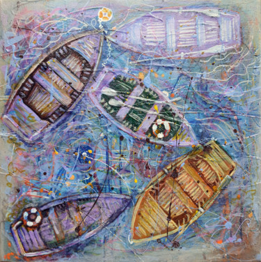 Ζωγραφική με τίτλο "Purple Boats" από Rakhmet Redzhepov, Αυθεντικά έργα τέχνης, Λάδι Τοποθετήθηκε στο Ξύλινο φορείο σκελετό