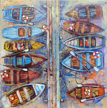 Painting titled "Multicolored Boats" by Rakhmet Redzhepov, Original Artwork, Oil Mounted on Wood Stretcher frame