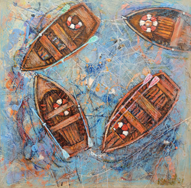 Painting titled "Orange Boats" by Rakhmet Redzhepov, Original Artwork, Oil Mounted on Wood Stretcher frame