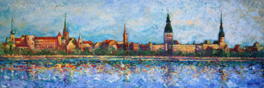 Painting titled "Riga Embankment" by Rakhmet Redzhepov, Original Artwork, Acrylic Mounted on Wood Stretcher frame