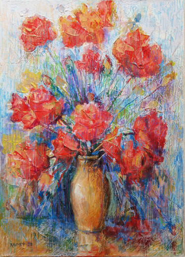 Painting titled "Roses in a Jug" by Rakhmet Redzhepov, Original Artwork, Acrylic Mounted on Wood Stretcher frame