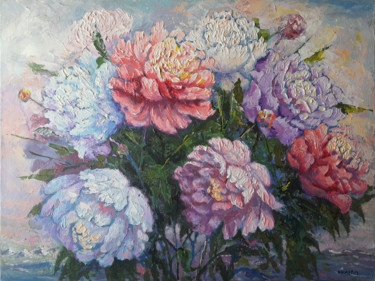 Painting titled "Peonies and Mountai…" by Rakhmet Redzhepov, Original Artwork, Acrylic Mounted on Wood Stretcher frame