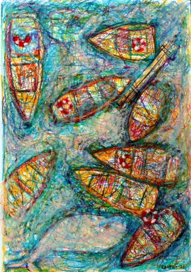 Disegno intitolato "Boats at the Pier." da Rakhmet Redzhepov, Opera d'arte originale, Acrilico