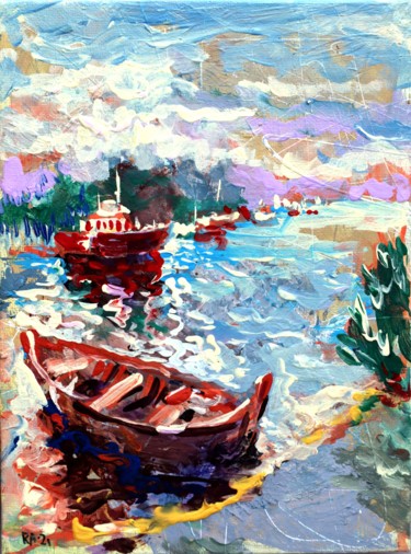 Painting titled "At the Pier." by Rakhmet Redzhepov, Original Artwork, Acrylic Mounted on Cardboard