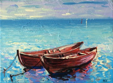 Painting titled "Study with 2 Boats" by Rakhmet Redzhepov, Original Artwork, Acrylic Mounted on Cardboard