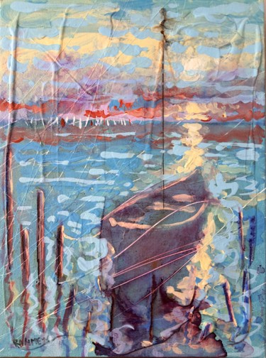 Painting titled "Fisherman's Boat." by Rakhmet Redzhepov, Original Artwork, Acrylic Mounted on Cardboard