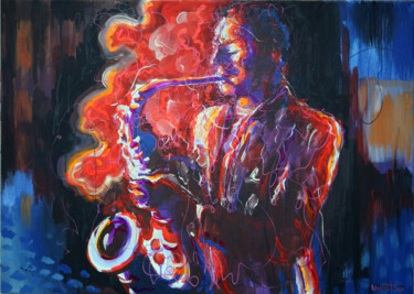 Painting titled "Jazz Saxophonist." by R_a_h_m_e_t, Original Artwork, Acrylic Mounted on Wood Stretcher frame