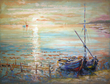 Painting titled "Morning in Quiet Bay" by Rakhmet Redzhepov, Original Artwork, Acrylic Mounted on Wood Stretcher frame