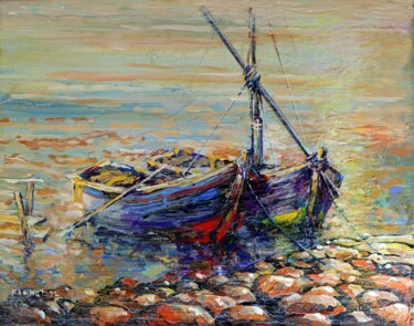 Painting titled "Fishing Boats." by Rakhmet Redzhepov, Original Artwork, Acrylic Mounted on Wood Stretcher frame