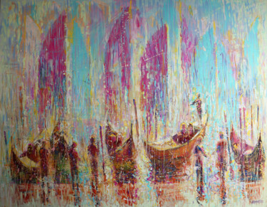 Painting titled "Regatta in Venice." by Rakhmet Redzhepov, Original Artwork, Acrylic Mounted on Wood Stretcher frame